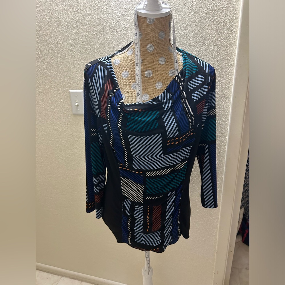 Womens work blouse, black and multi-color. Size L.